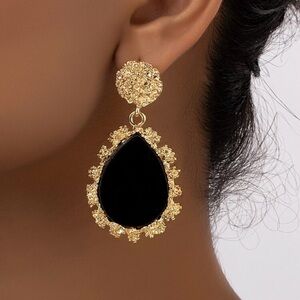 1pair Vintage Teardrop Shaped Black Obsidian-like Stone Dangle Earrings
